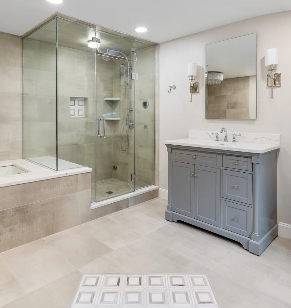 Walk-in shower construction in New York City bathroom remodeling project by Gurri Remodel