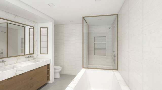 Bathroom renovation Tribeca NYC with luxury finishes and detailed tile work by Gurri Remodel